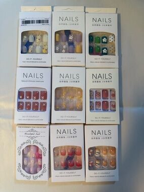 NIP,Nail Art, 9 Sets of False Nails,Fun Shades&Designs,DIY,Glue On,Easy Apply
